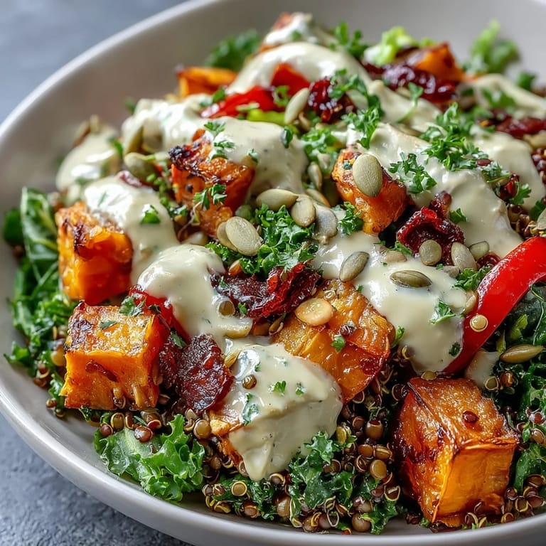 Délicieux Lentil Power Bowl végétalien arrosé d'une vinaigrette au tahini vibrante.