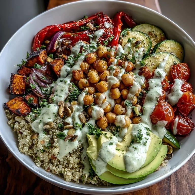 Assiette de Chickpea Power Bowl aux épices, légumes caramélisés et sauce citron-tahini, idéale en dîner sain