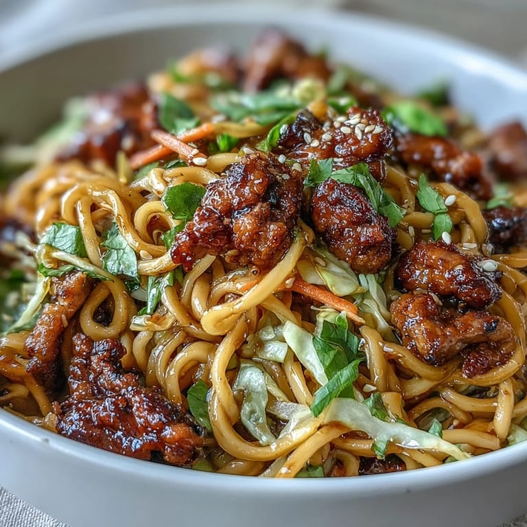 Potsticker Noodle Bowls en version fusion, nouilles caramélisées, carottes et chou marinés dans une sauce épicée.