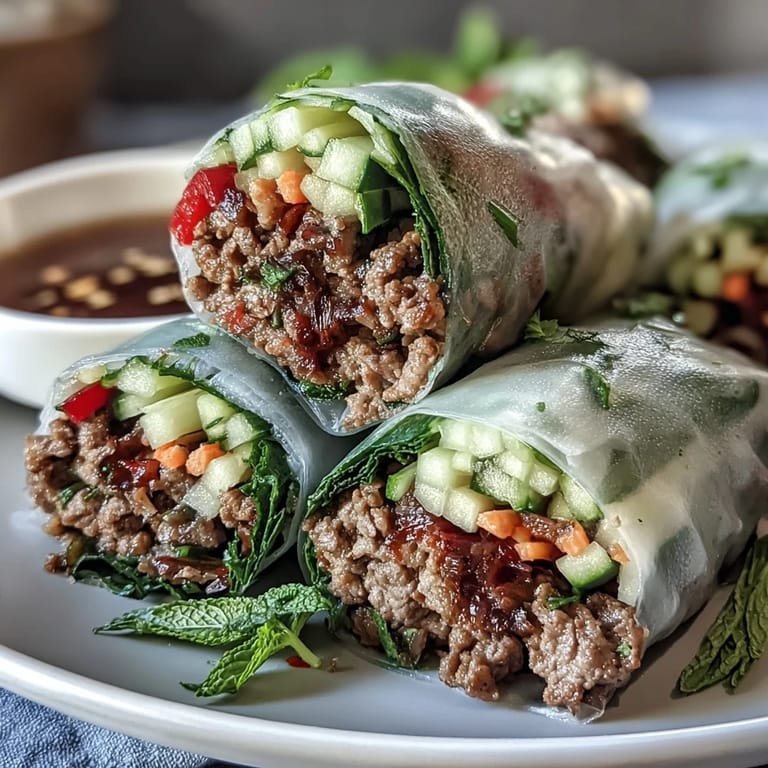 Plat de Thai Basil Beef Rolls bien enroulés dans du papier de riz, entourés de basilic thaï et de légumes juteux pour une dégustation estivale