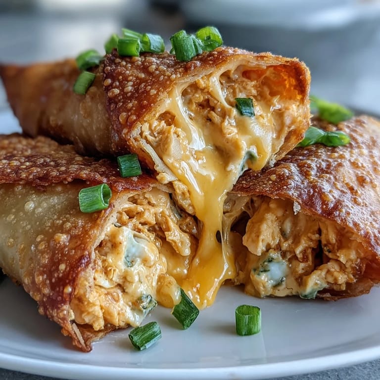 Golden brown Buffalo Chicken Dip Egg Rolls resting on a white plate with fresh green onions.