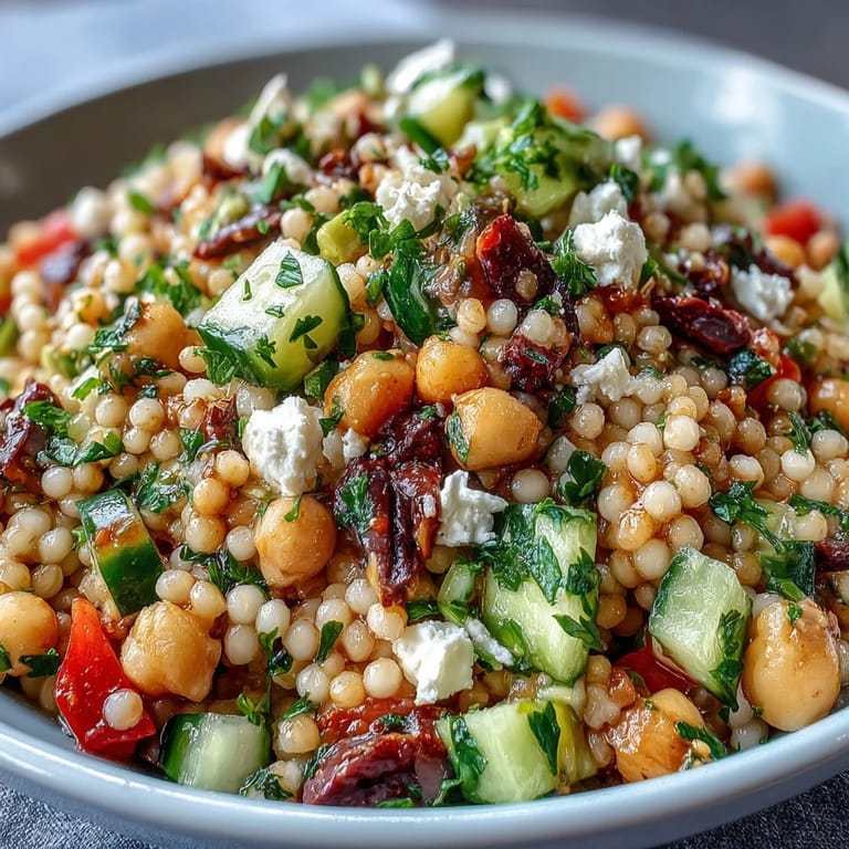 Close-up of Mediterranean Pearl Couscous, showing toasted pearls, crumbled feta, and glistening oregano dressing.