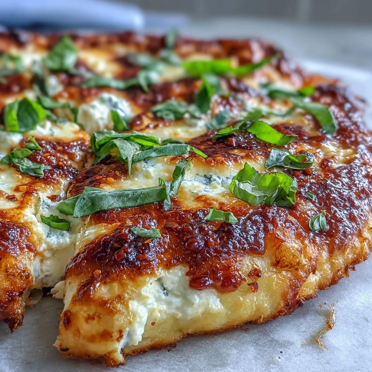 Des tranches de pizza à la ricotta et au miel épicé, avec un éclat doré et une garniture verte.
