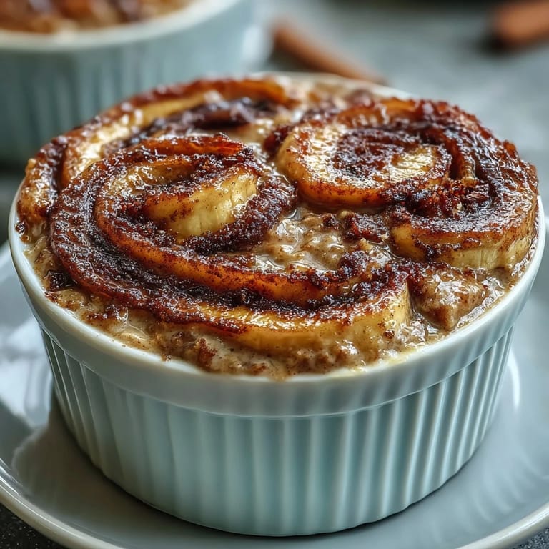 Freshly baked Cinnamon Swirl Protein Banana Baked Oats, featuring a warm cinnamon swirl and a gooey center in a single-serve dish.