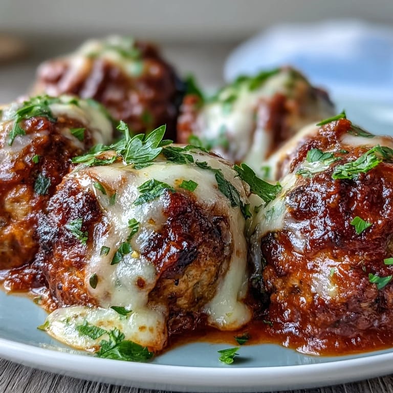 Golden baked spicy chicken Parm meatballs with mozzarella, fresh parsley garnish, ready to serve as sliders or a hearty main.