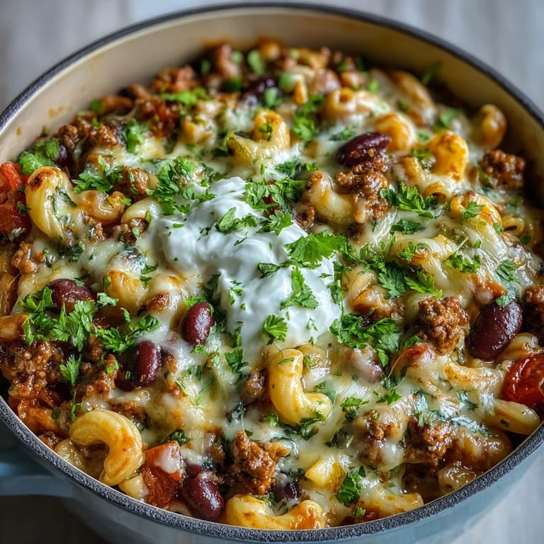 Une portion généreuse de Baked Ranch Turkey Chili Mac, garnie de coriandre fraîche hachée et d'une cuillère de crème fraîche.