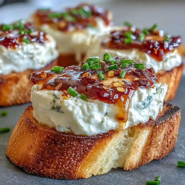 Spicy sweet hot honey drizzled over warm hot honey goat cheese crostini, garnished with chives.