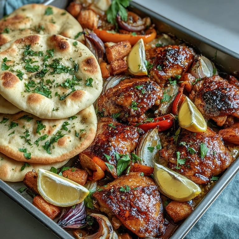 A close-up of juicy glazed chicken and charred vegetables from the Sheet Pan Honey Garlic Chicken & Naan, ready to serve.