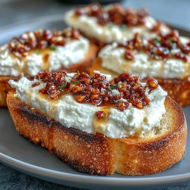 Dégustez cette Hot Honey Ricotta Bruschetta tiède, avec ricotta fouettée au citron et un filet de miel piquant sur croûton dorée