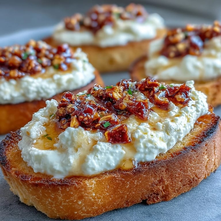 Appétissante Hot Honey Ricotta Bruschetta servie avec basilic frais et chili crunch, idéale pour l'apéritif ou en hors-d'œuvre à partager