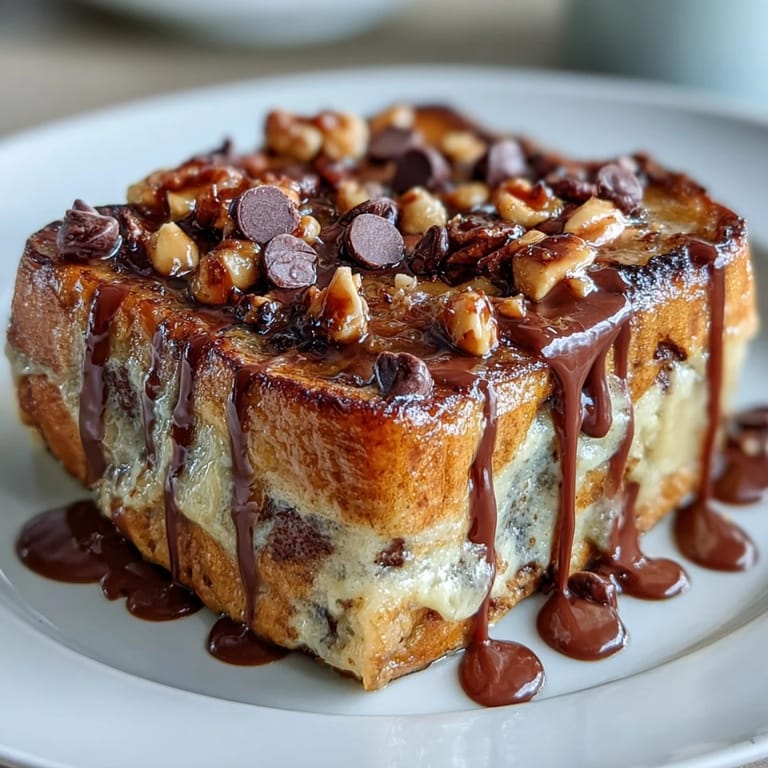 High-Protein Peanut Butter & Chocolate Baked French Toast encore tiède, présenté avec des tranches de banane et une cuillère de yaourt grec