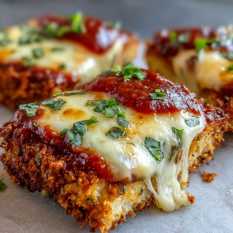 Golden-brown Crispy Tofu Chicken Parm Bakes topped with marinara and gooey melted mozzarella on a plate.