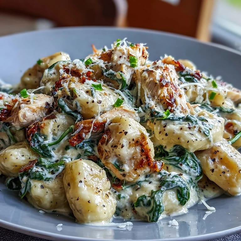 Gnocchi et poulet dorés nappés de sauce à la parmesan et d'épinards frais fumants.