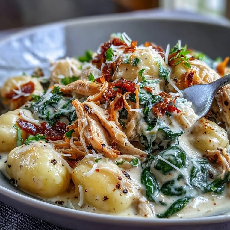 Plat réconfortant de gnocchi et poulet dans une sauce parmesan crémeuse, avec épinards et croûtons.
