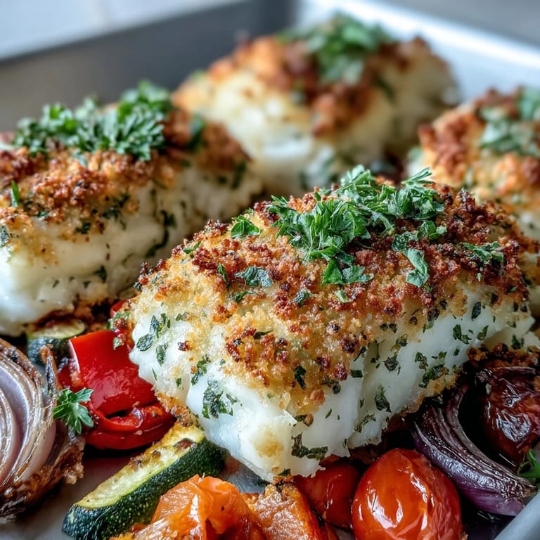 Golden Parmesan Crusted Sheet Pan Fish & Veg plated with zucchini, bell peppers, and a glass of crisp white wine.