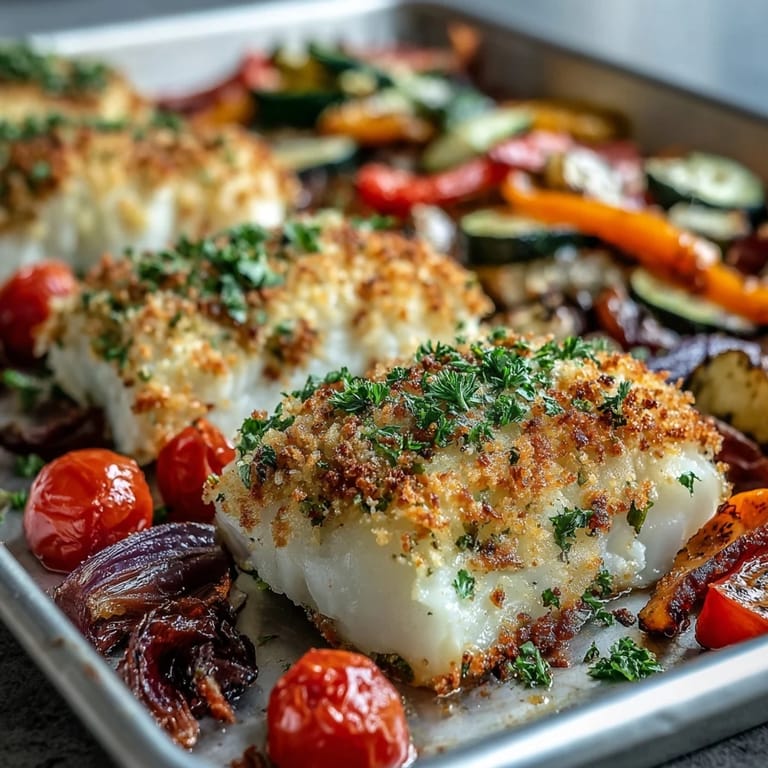 Easy Parmesan Crusted Sheet Pan Fish & Veg, flaky cod with cheesy panko crust and vibrant roasted vegetables on parchment.