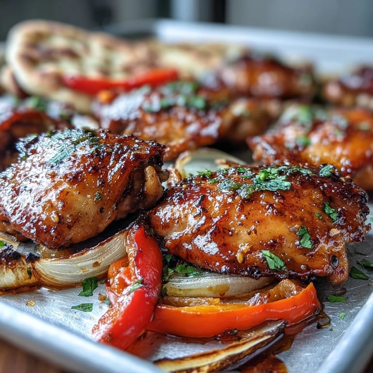 Sizzling Sheet Pan Honey Garlic Chicken & naan with roasted red and yellow peppers, onions, and buttery garlic naan.