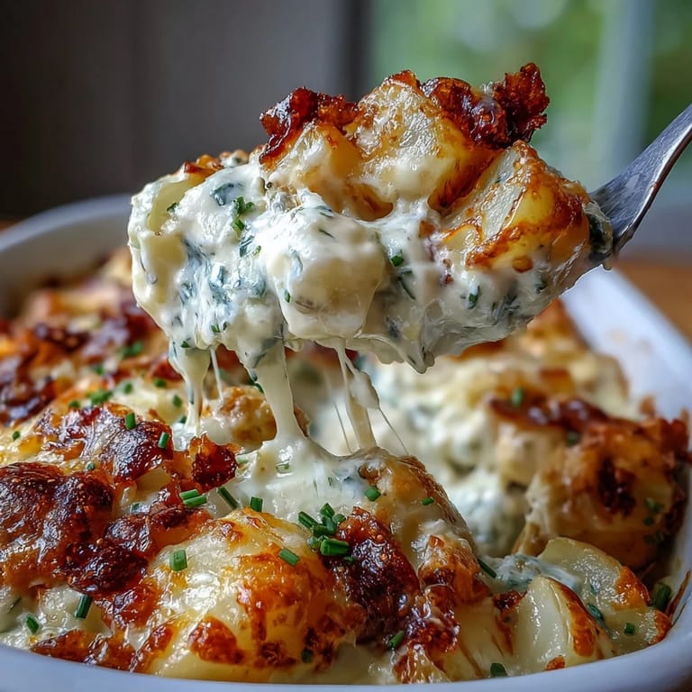 Casserole de Creamy Ranch Chicken Potato Bake dorée, servie avec des fines herbes fraîches et une texture crémeuse