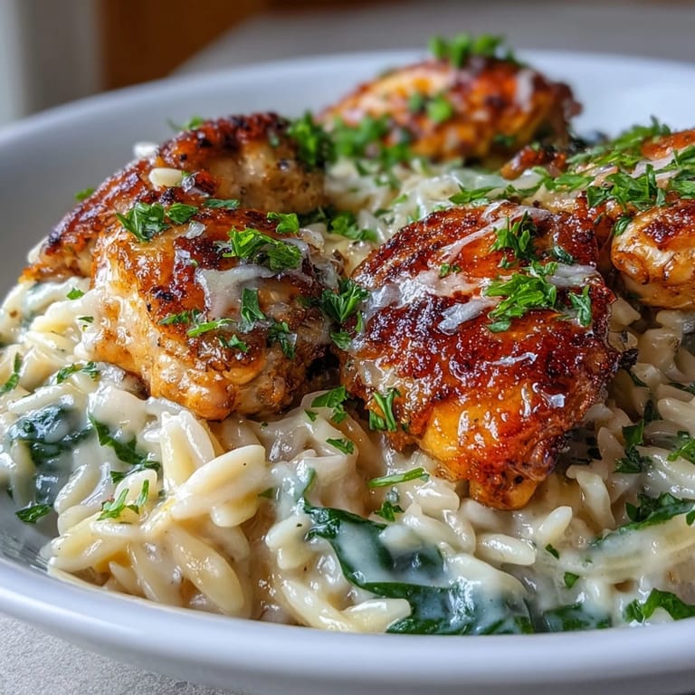 One-Pot Creamy Garlic Parmesan Chicken Orzo plated with spinach beside a crisp salad, ready to eat.