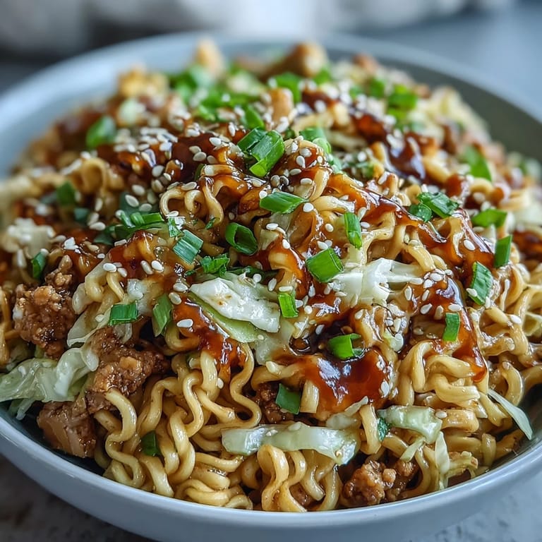 Savoureux Creamy Potsticker Noodle Stir-Fry avec nouilles ramen, chou râpé et morceaux de dinde, saupoudré de graines de sésame et d'oignons verts