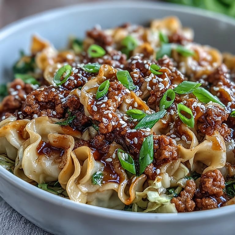 Fumets de sauce crémeuse au beurre de cacahuète et au sriracha sur un bol appétissant de Creamy Potsticker Noodle Stir-Fry, prêt à être dégusté