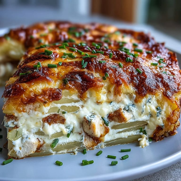 Sliced potatoes and tender chicken in Creamy Ranch Chicken Potato Bake, with golden crust and steam rising.