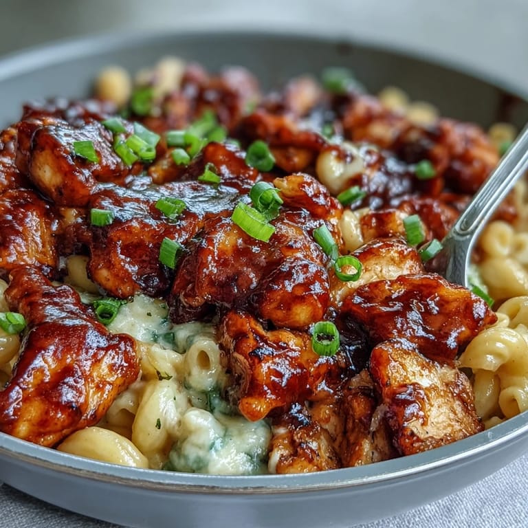 Dîner réconfortant à base de pâtes au cheddar et de poulet juteux, relevé d'une sauce barbecue collante aux notes de miel.