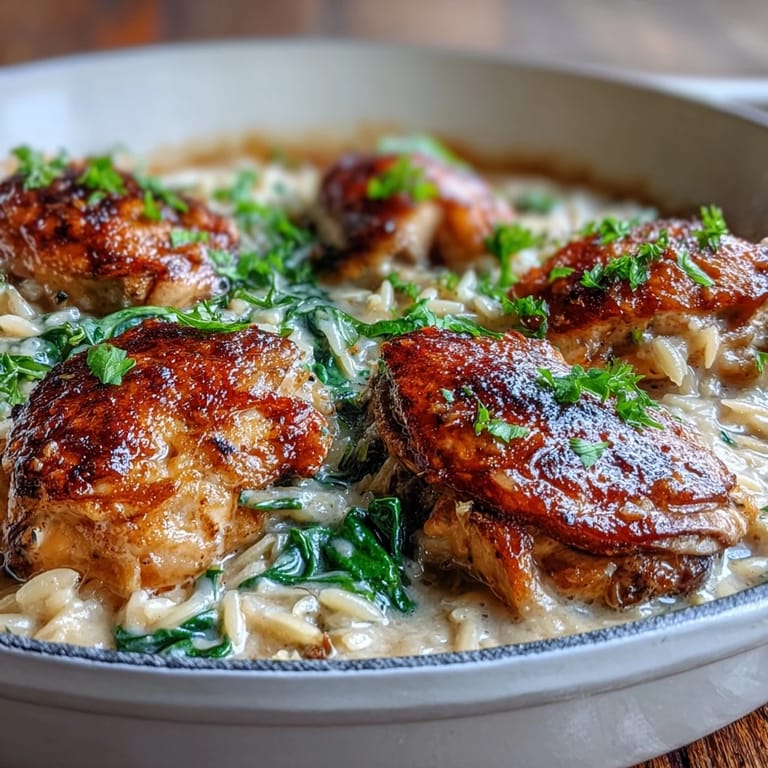 Assiette réconfortante de One-Pot Creamy Garlic Parmesan Chicken Orzo, présentant des morceaux de poulet juteux nappés d'une sauce veloutée au fromage.