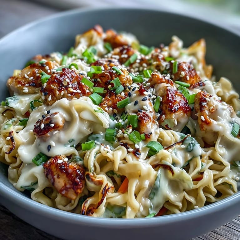 Quick Creamy Potsticker Noodle Stir-Fry in a skillet with coleslaw mix, ramen, and turkey, steaming hot