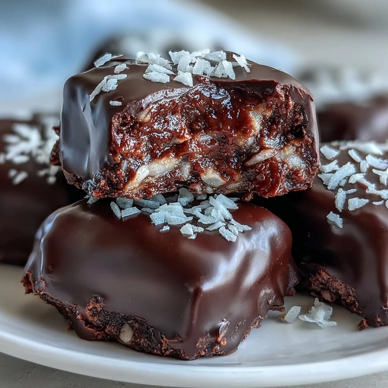Perfectly dipped Healthy Chocolate Coconut Bites on parchment paper, showcasing a crunchy coconut texture and sweet drizzle.