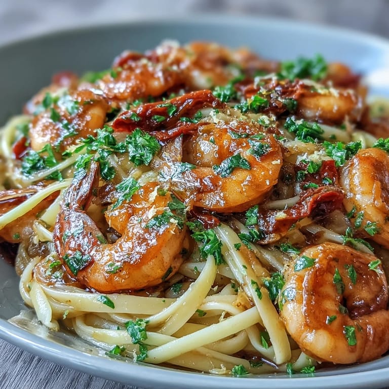 Le Chilli-Garlic Shrimp Linguine est servi avec du persil frais et un quart de citron, sur une table de dîner chaleureuse.