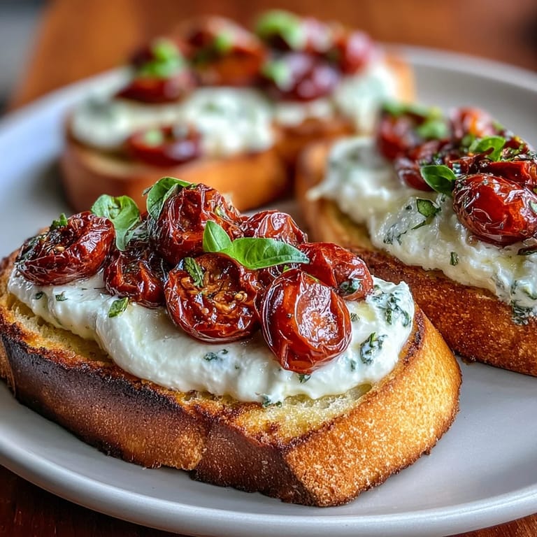 Plate of Crostini with Burrata & Cherry Tomato, with fresh basil and a glass of Pinot Grigio.