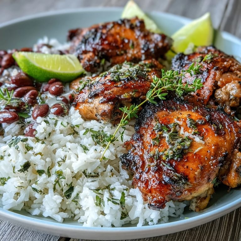 Plated Jerk Chicken Rice & Peas, ready to eat with fresh thyme garnish and lime wedges on the side