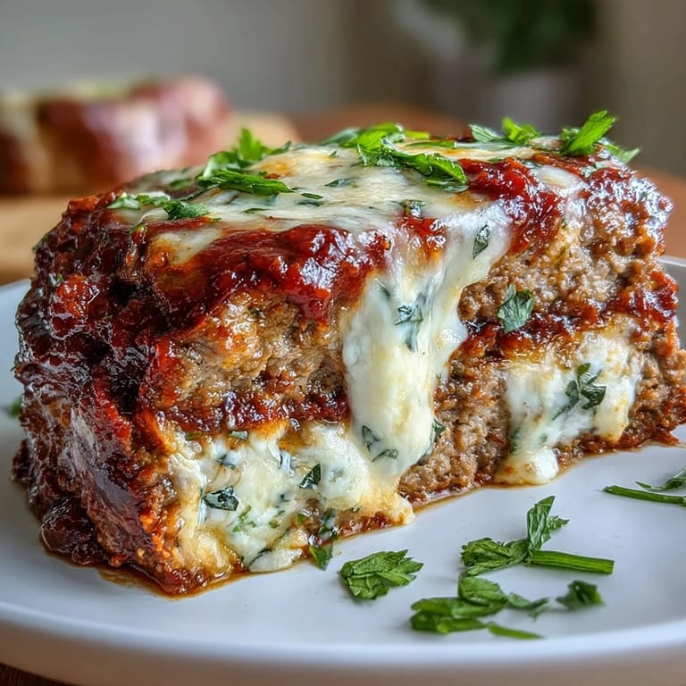 Freshly baked Italian Meatloaf with Mozzarella sliced to reveal juicy beef and melted cheese, paired with marinara dipping sauce.
