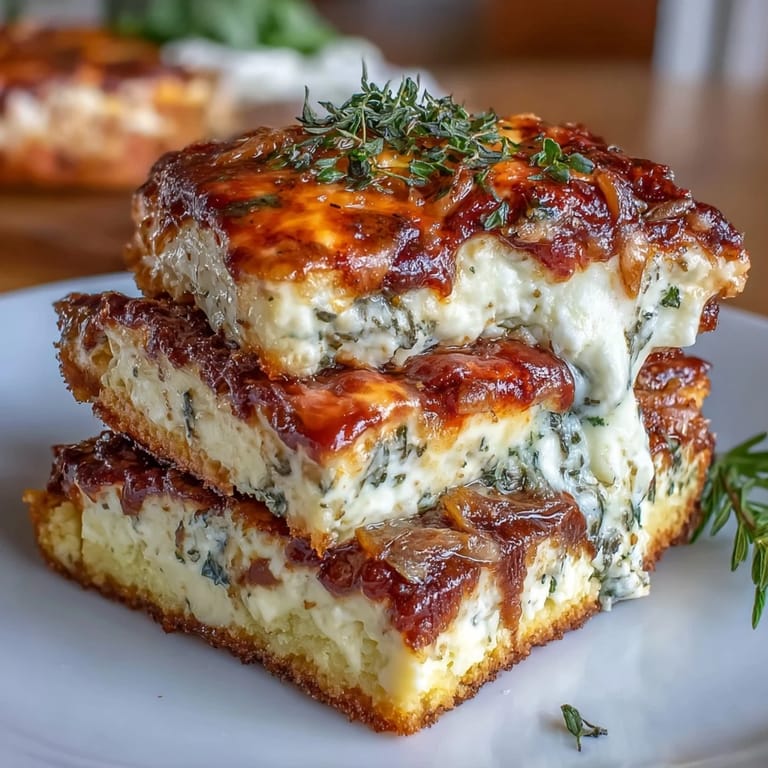 Une casserole de Pizza-Style Cottage Cheese Bake crémeuse aux couches fondantes de mozzarella et Parmesan.