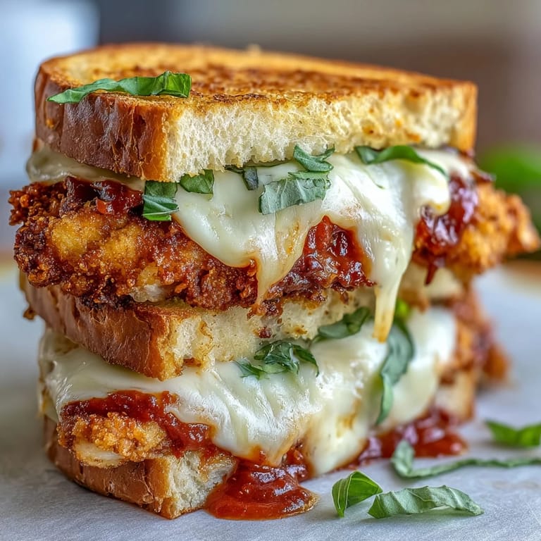 Poulet pané doré garni de sauce vodka épicée et mozzarella fondue, servi sur tranche de pain italien pour sandwich réconfortant.