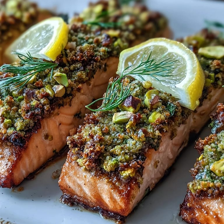 Délicieux saumon Pan-Seared à la croûte de pistaches, offrant un contraste savoureux entre le poisson fondant et le garniture croustillante.
