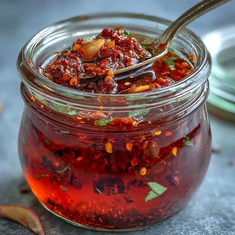 Spicy Calabrian Chili Oil in a sterilized jar with a spoon, capturing a rustic Italian condiment ready for pasta or pizza.