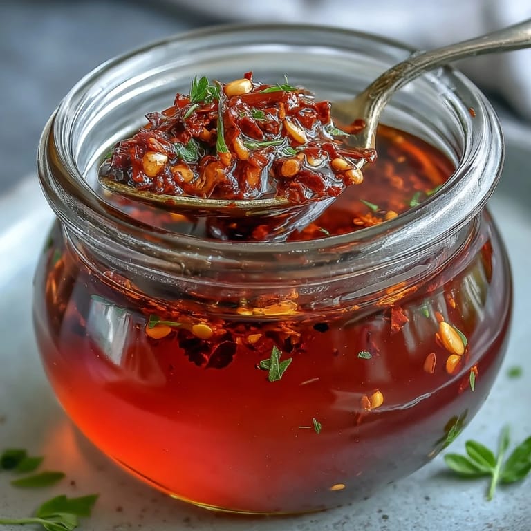 Spicy Calabrian Chili Oil poured into a small bowl beside crusty bread, showcasing the aromatic, fiery red chili infusion.
