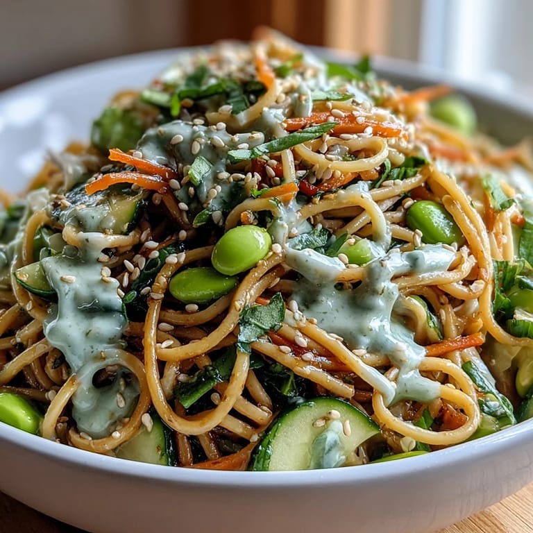 Délicieux bol végétarien de nouilles au sésame et gingembre avec edamame et sauce crémeuse, idéal pour le dîner.
