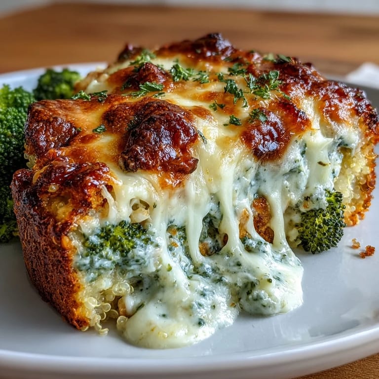 A freshly baked Broccoli Quinoa Casserole with a bubbly golden cheese crust and tender chicken chunks. Comfort food perfect for a hearty family dinner.