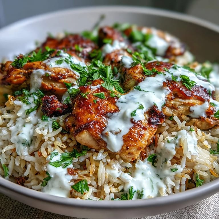 Plat réconfortant de poulet shawarma et riz basmati, accompagné d'un filet de yaourt et de persil haché.
