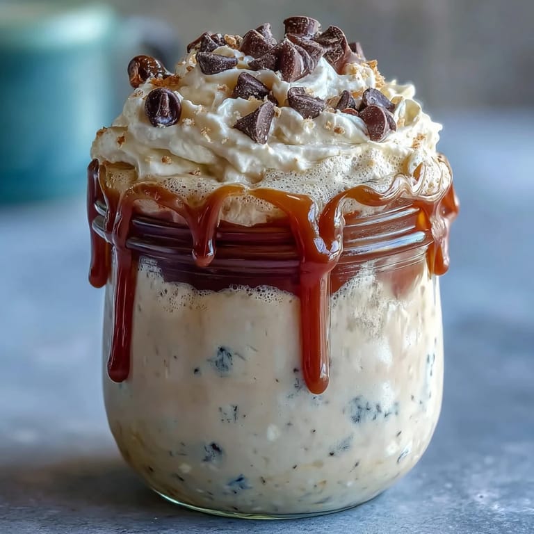 Dessert crémeux à base d'avoine et de yaourt grec, inspiré du Frappuccino à la vanille, servi dans un bocal en verre.