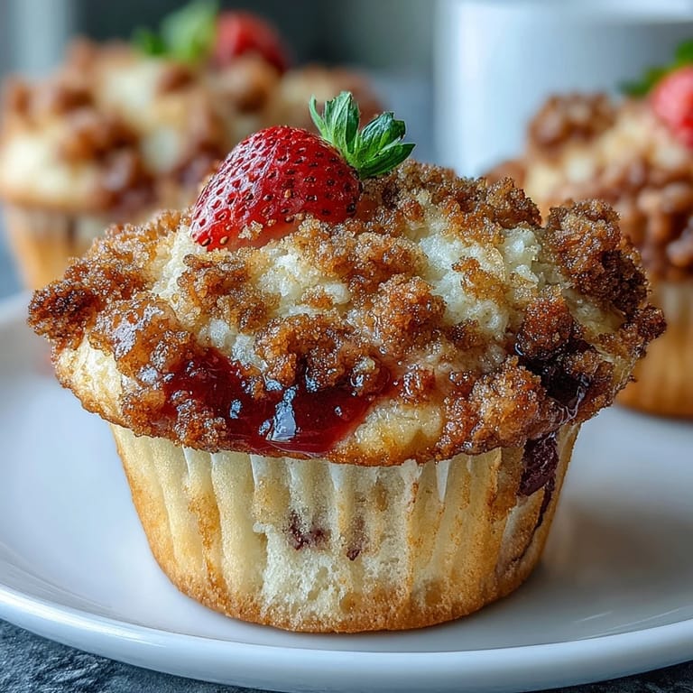 Muffins aux fraises frais et parfumés, garnis d'un crumble doré et croquant, idéals pour une pause gourmande.