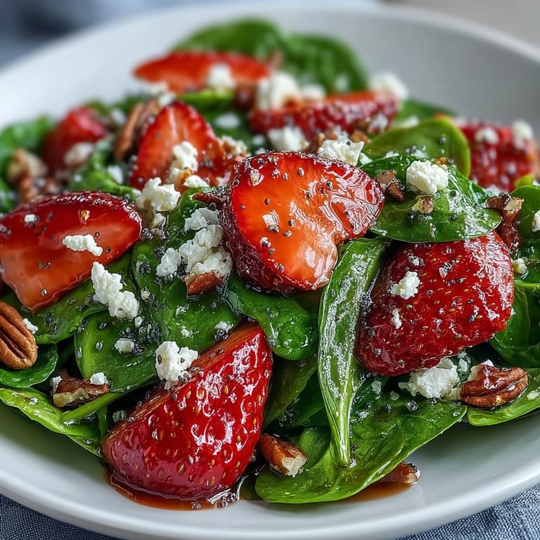 Bol de salade aux épinards frais, fraises tranchées, feta émiettée et noix de pécan, arrosé d'une vinaigrette onctueuse aux graines de pavot.  