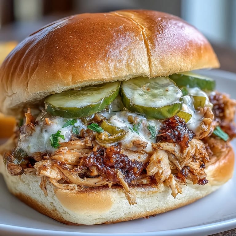 Délicieux sandwichs au poulet Mississippi au Crockpot, garnis de poulet effiloché savoureux, de sauce ranch et de cornichons croquants, parfaits pour un repas facile.  