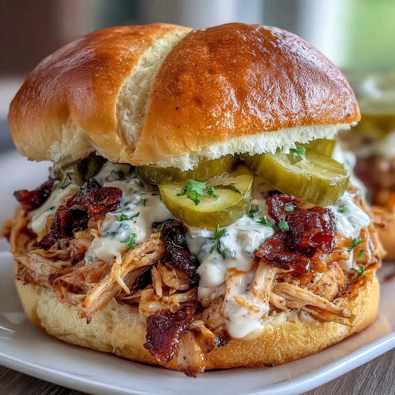 Sandwichs au poulet Mississippi au Crockpot, poulet tendre mijoté avec épices ranch et poivrons, servi sur petits pains avec cornichons acidulés.