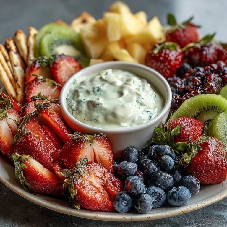 Assiette de fruits Baby in Bloom colorée et fraîche avec trempette au yaourt miel-citron, parfaite pour célébrations printanières.