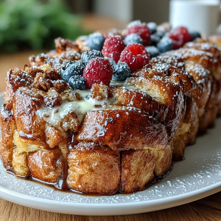 Un plat brunch gourmand mettant en vedette des croissants beurrés imbibés d'une crème parfumée à la vanille et garnis de baies colorées.