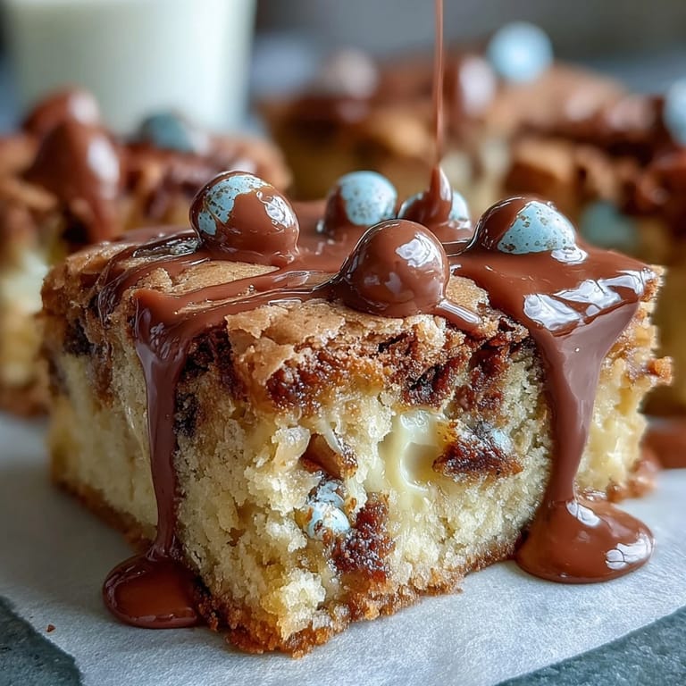Blondies de Pâques avec œufs Cadbury et nappage de chocolat blanc, parfaits pour les célébrations printanières.